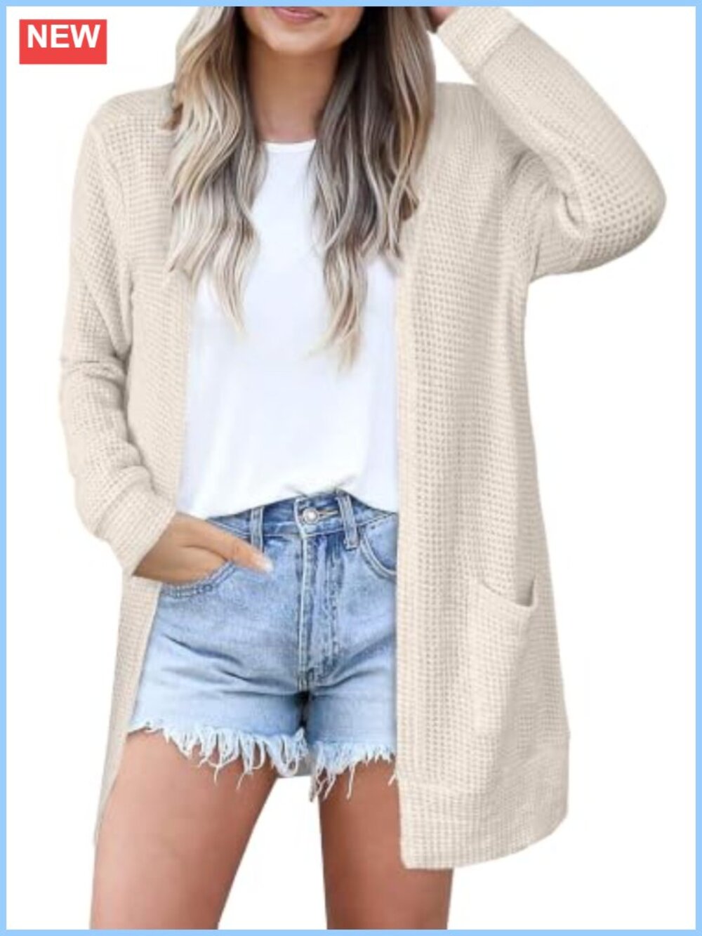 Waffle Knit Open Front Cardigan Long Sleeve Lightweight Loose Fit Fall
